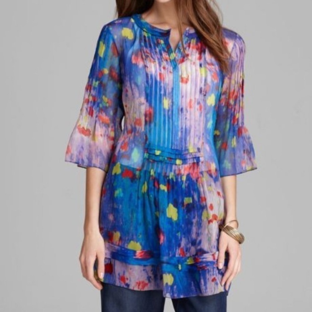 Elie Tahari Size M Jewel Tone Watercolor Pure Silk Pleated Tunic Top Blue Lagoon